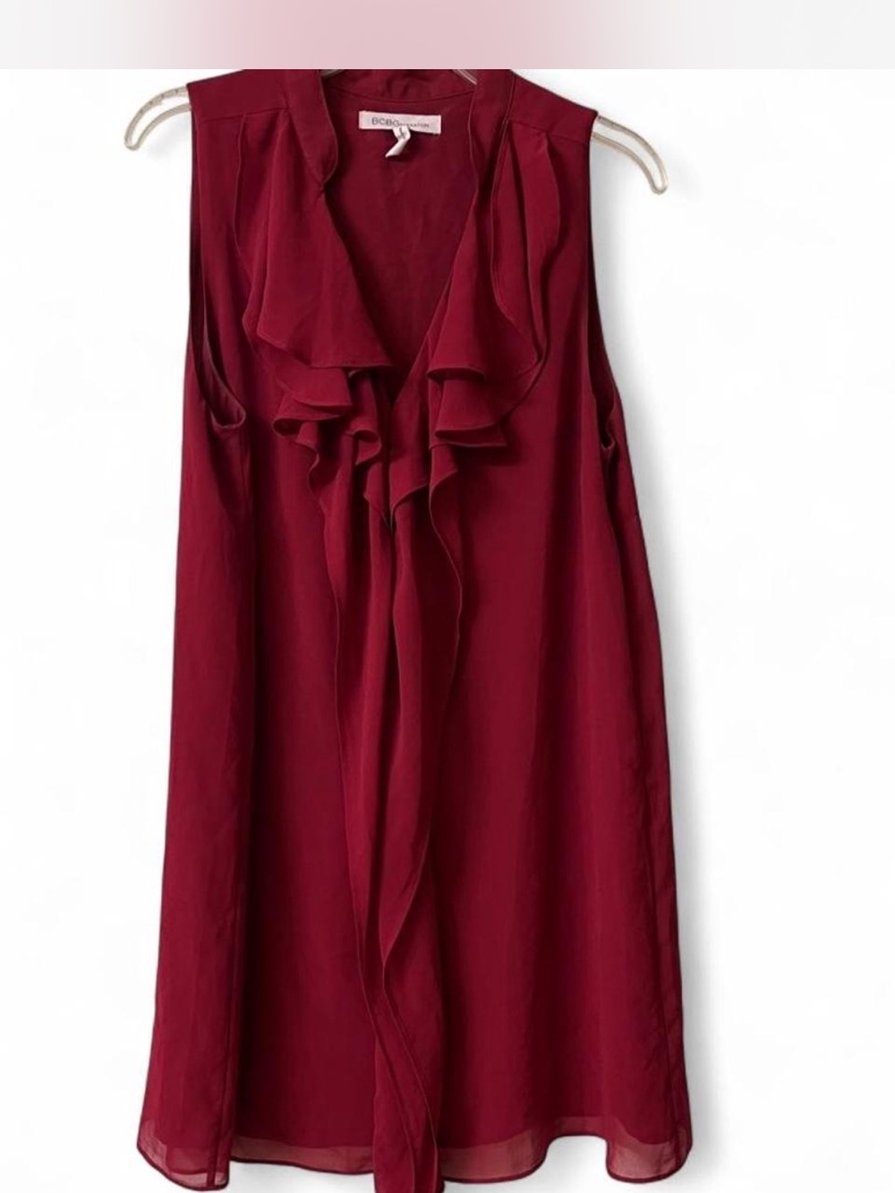 BCBGMAXAZRIA Sleeveless Ruffle Neck Burgundy Dress